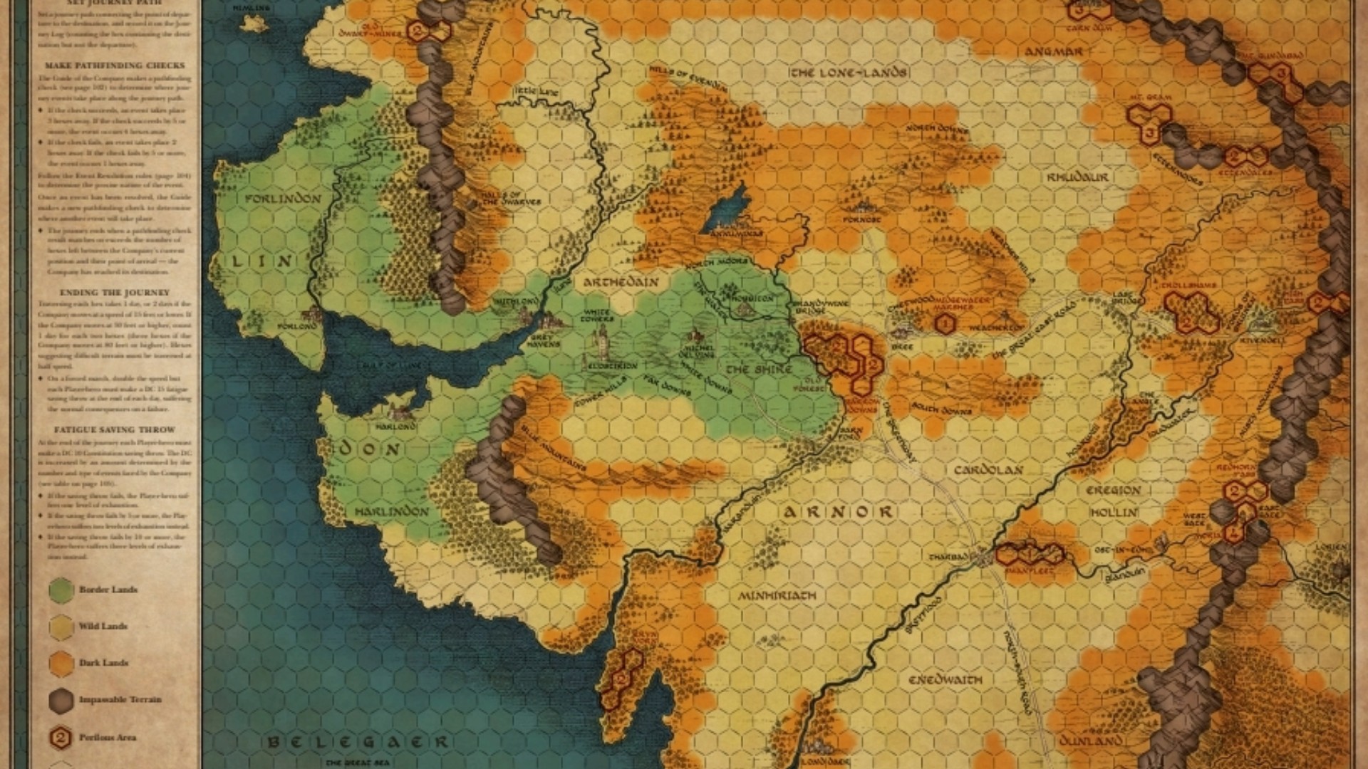 A map with a yellowed paper texture, a mass of land to the right and an ocean to the left. Along the left side there is a scroll with a lot of text inside. 